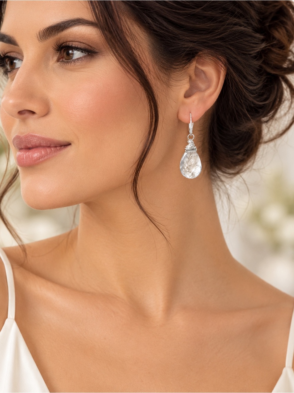 Clear Quartz Faceted Briolette Silver Wire Wrapped Drop Earrings
